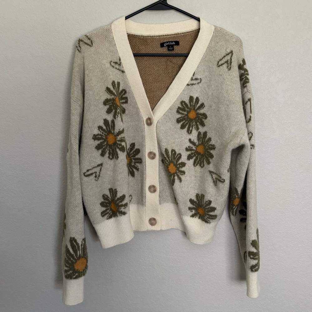 Girlish Floral Button-Up V-Neck Cardigan Sweater
